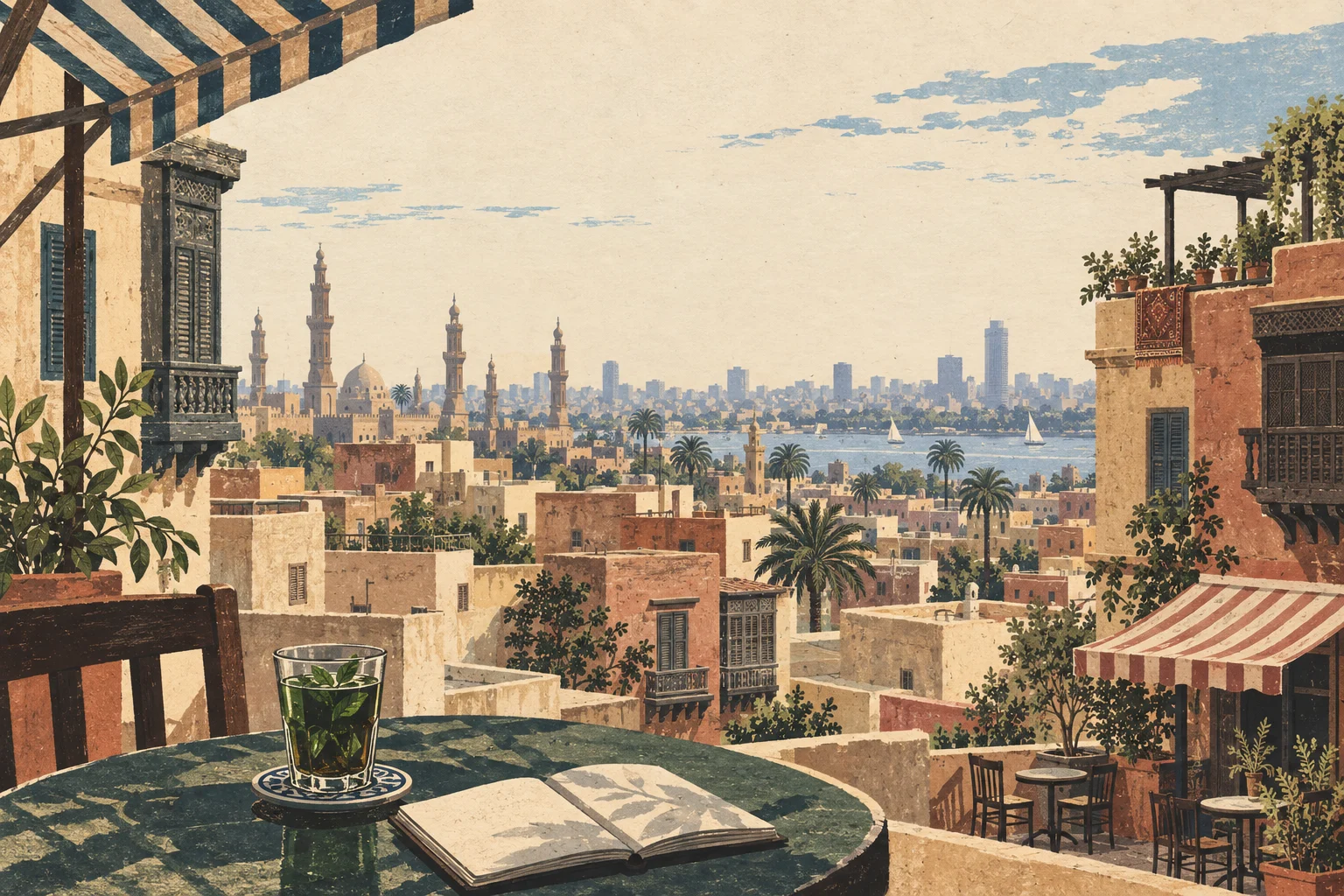 Editorial illustration of Cairo rooftops, a café awning, mint tea and a notebook