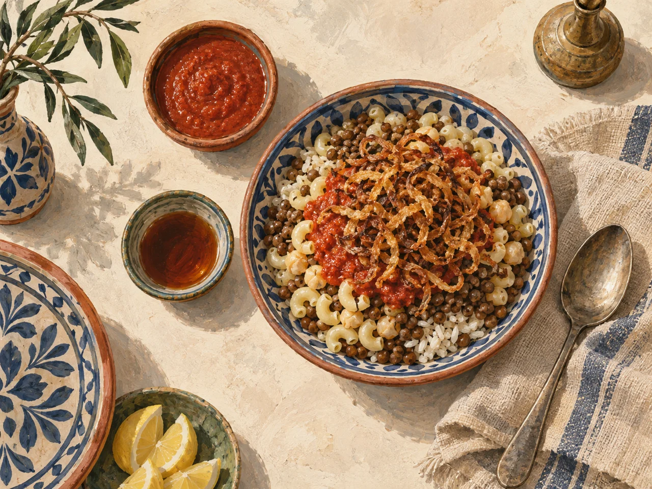Gouache illustration of koshary with lentils, pasta, rice, chickpeas and fried onions